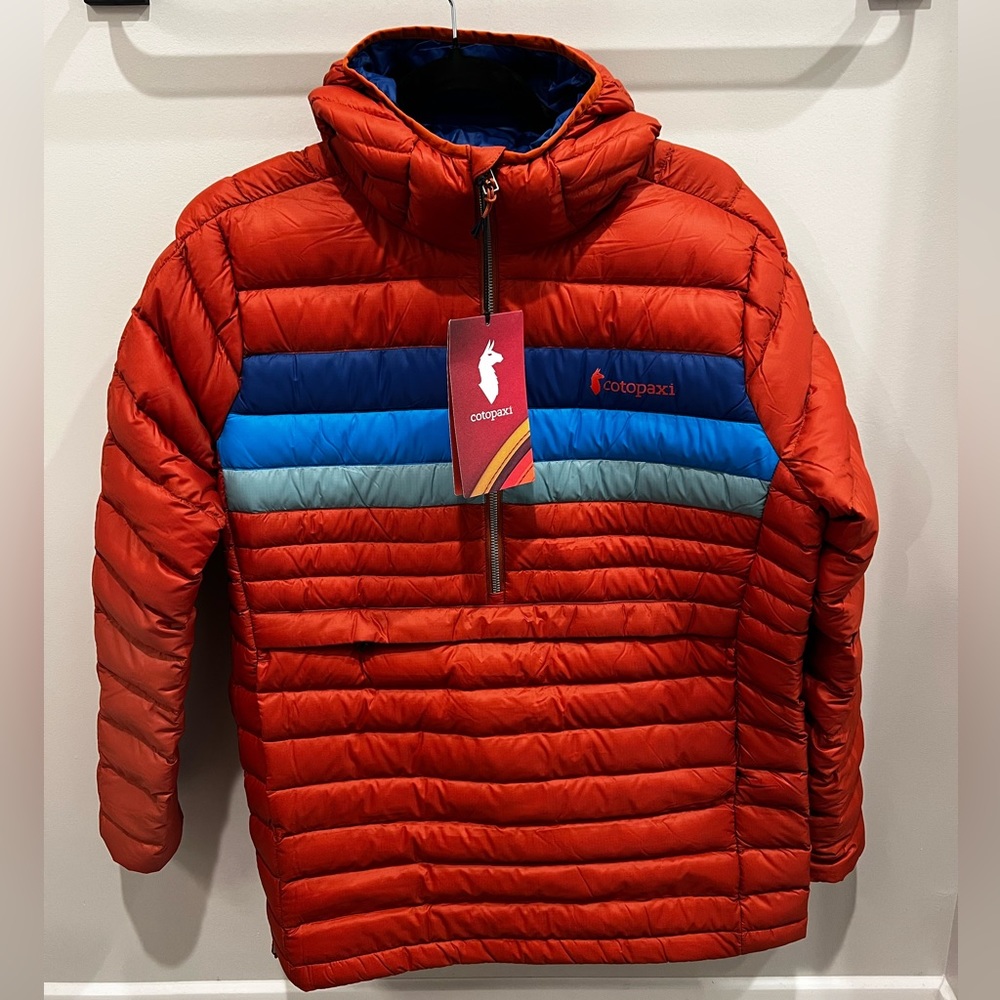 NWT Cotopaxi Fuego Down Hooded Half Zip Pullover Puffer Jacket M - Spice Stripes